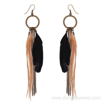 Antique Bronze Fashion Jewelry Chain Tassel Feather Earrings